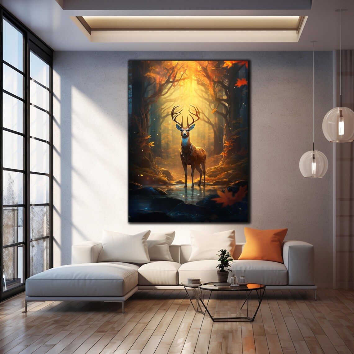 Stag Standing Water Glass Wall Art Enchanted Autumn Forest Golden Light Print - Image 2