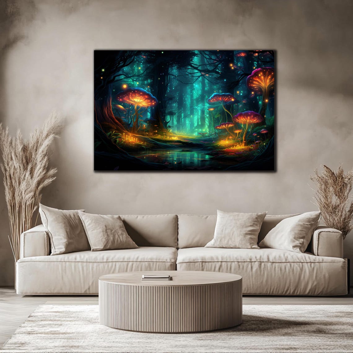 Fantasy Glowing Mushroom Forest Neon Teal Firefly Night Wall Art - Image 4