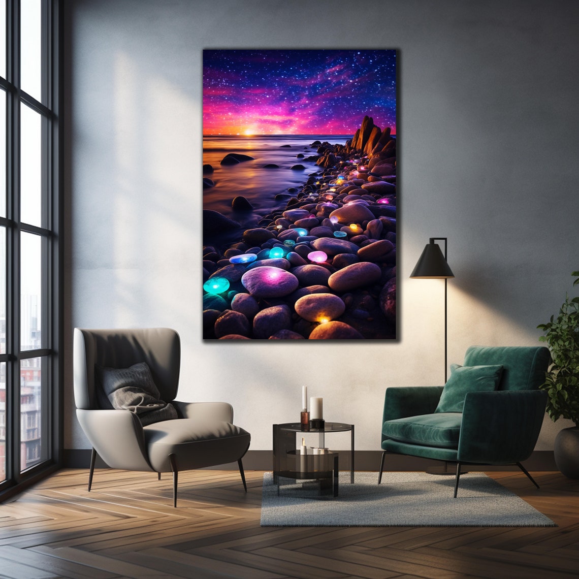 Night Beach Glowing Pebbles Starry Sky Sunset Shore Travel Poster - Image 2