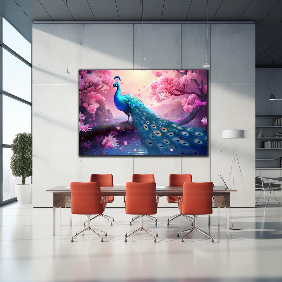 Peacock With Cherry Blossoms Pink Floral Fantasy Bird Wall Art Poster - Image 2
