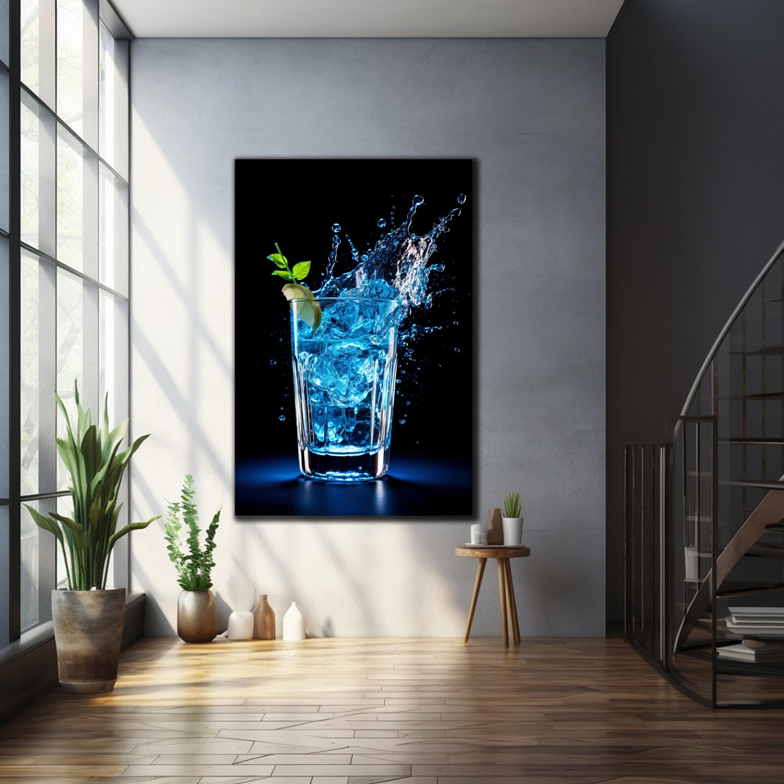 Blue Cocktail Splash Tall Glass Black Background Bar Drink Art Poster - Image 4