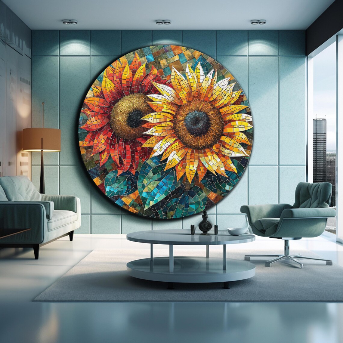 Sunflower Mosaic Round Two Flowers Yellow Orange Glass Wall Art Poster - Image 2