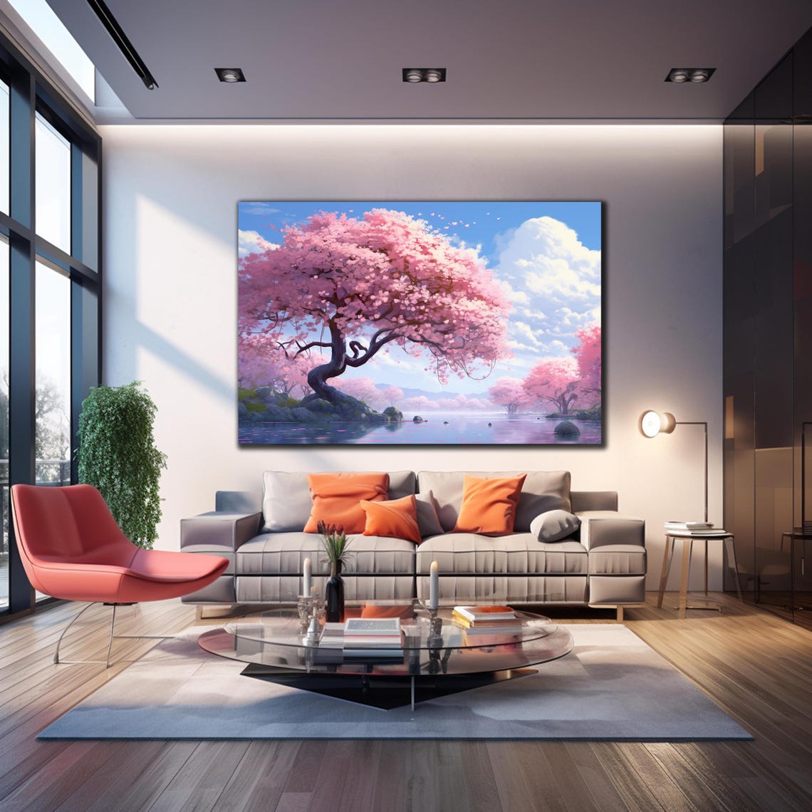 Cherry Blossom Tree Lake Blue Sky Spring Anime Style Landscape Poster - Image 4