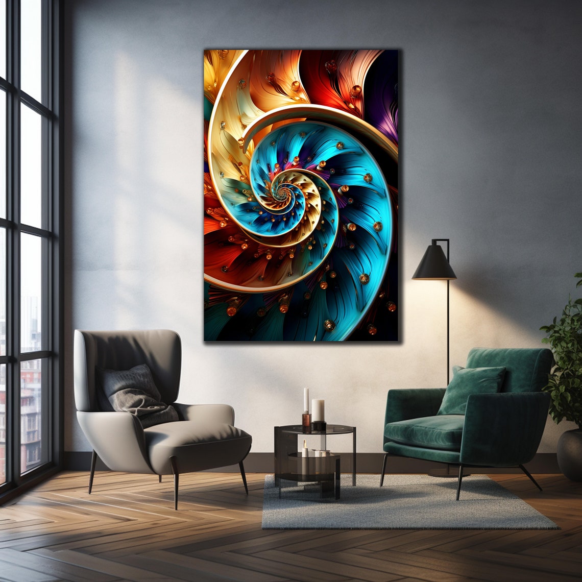Golden Blue Spiral Fractal Art Jewel Accent Abstract Wall Art Poster - Image 3