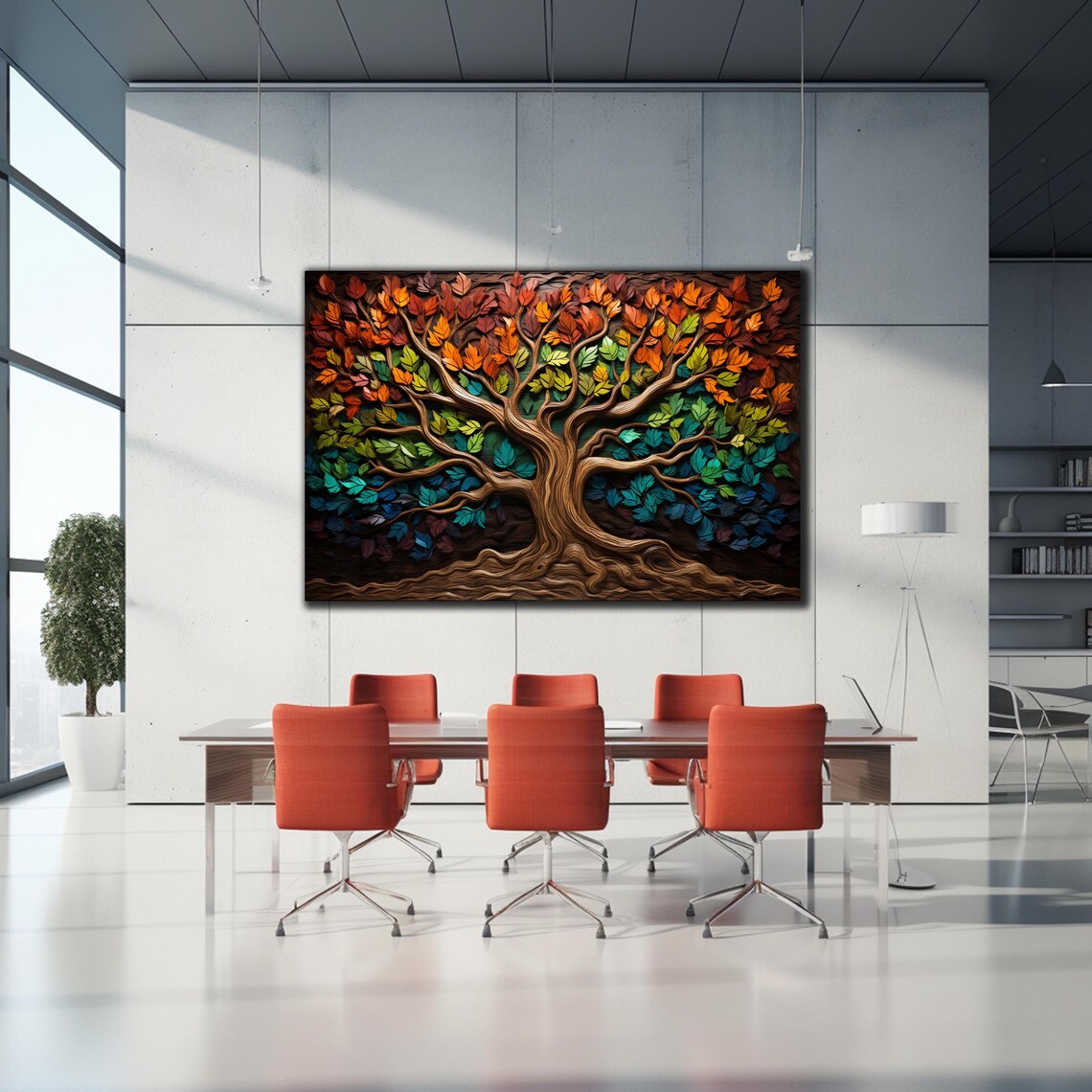 Tree of Life 3D Carved Wood Colorful Leaves Branch Wall Art Poster - Image 2