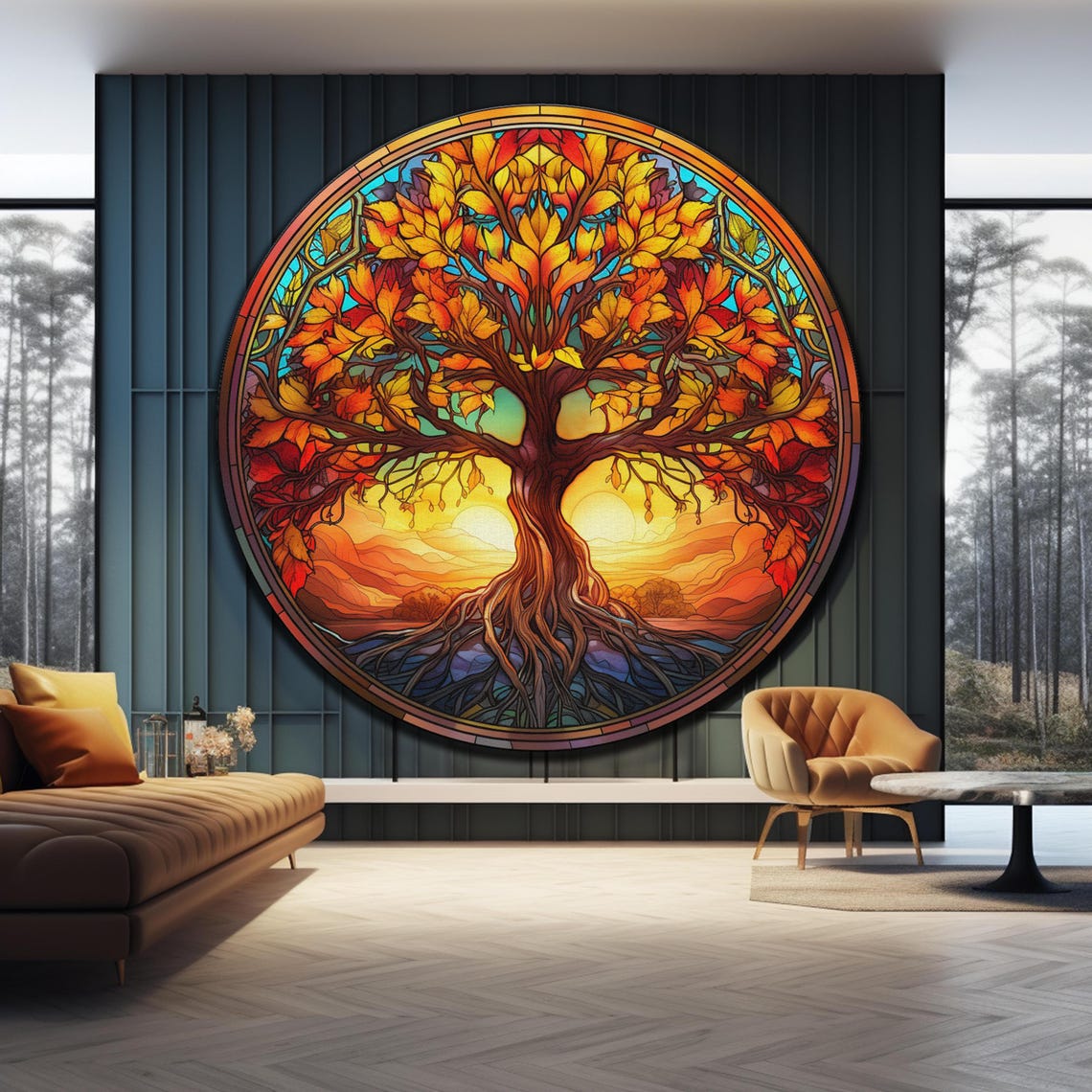 Tree of Life Round Stained Glass Fiery Sunset Autumn Wall Art Poster - Image 4