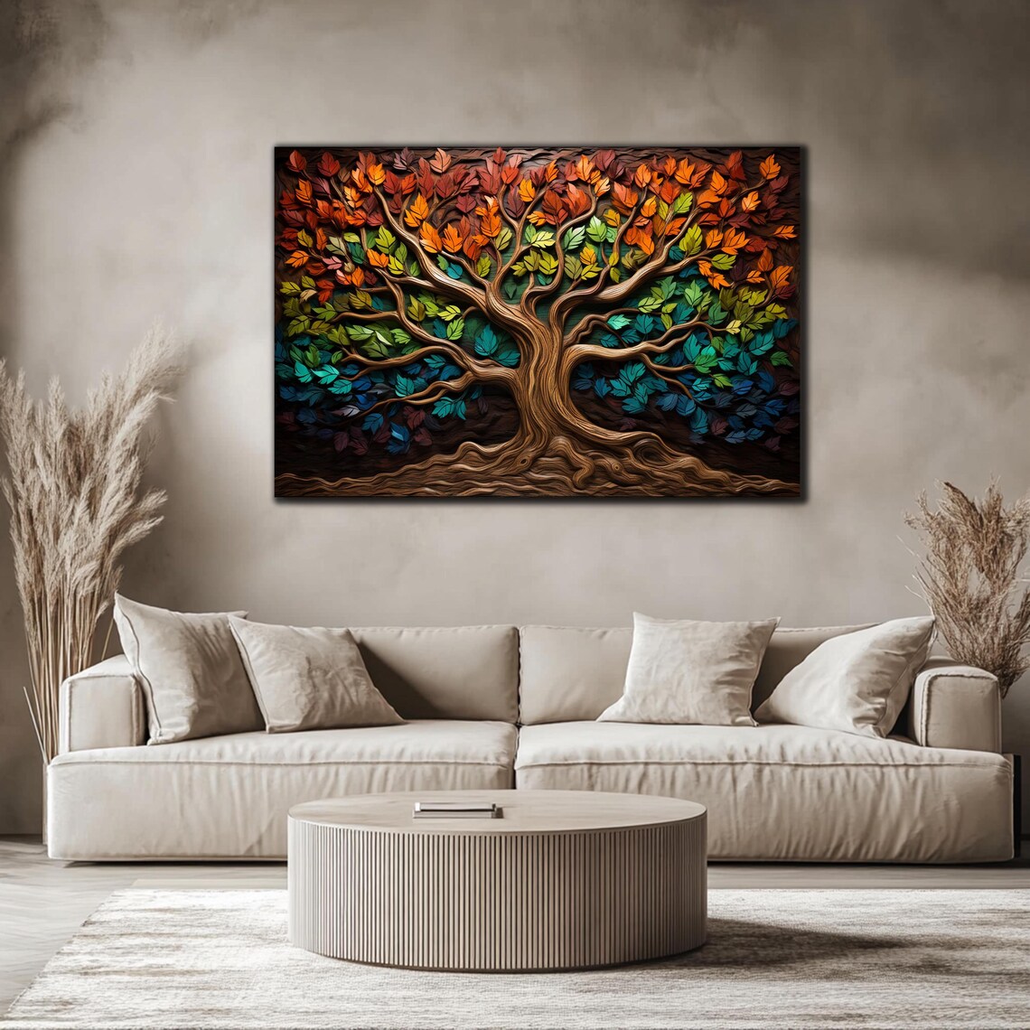 Tree of Life 3D Carved Wood Colorful Leaves Branch Wall Art Poster - Image 4
