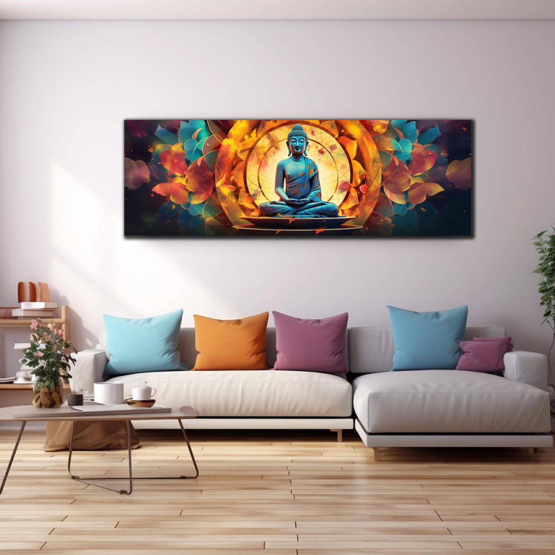 Blue Buddha Fiery Mandala Halo Floating Lotus Panoramic Wall Art - Image 4