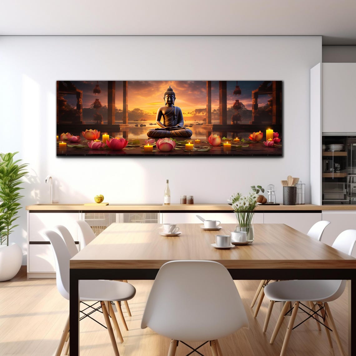 Buddha Sunset Temple Floating Lotus Candles Panoramic Wall Art - Image 2