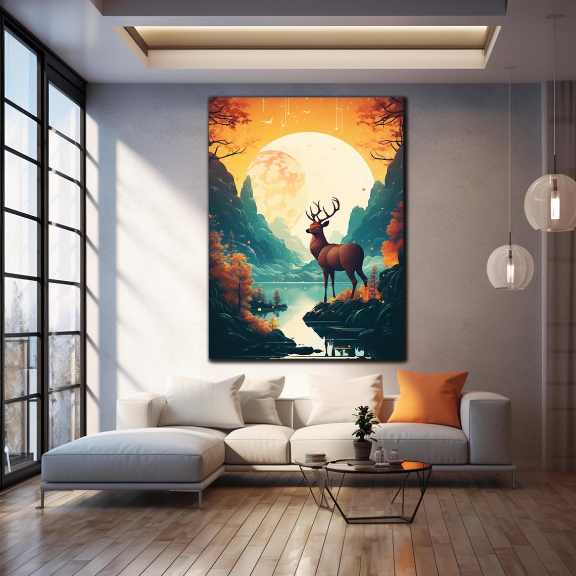 Majestic Stag At Full Moon Autumn Mountains Lakeside Night Poster - Image 4