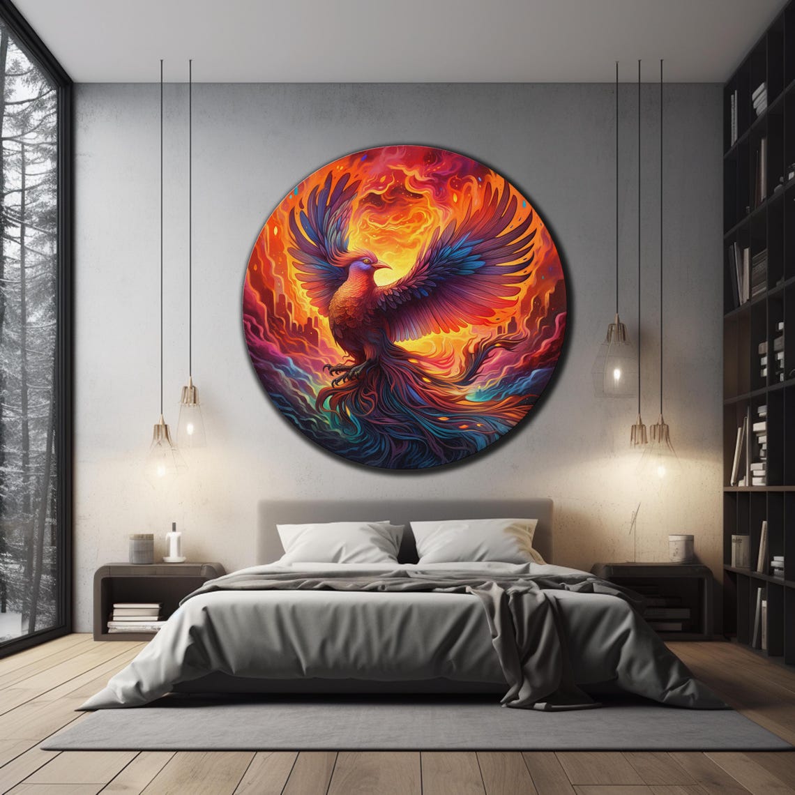 Majestic Phoenix Fire Bird Round Orange Flame Wall Art Poster - Image 3