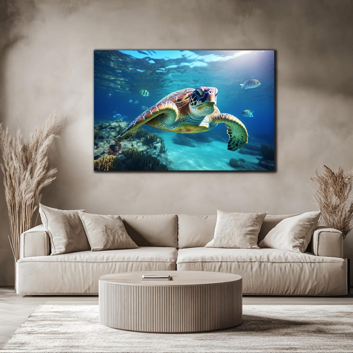 Sea Turtle Gliding Over Coral Reef Fish Turquoise Ocean Wall Art - Image 4