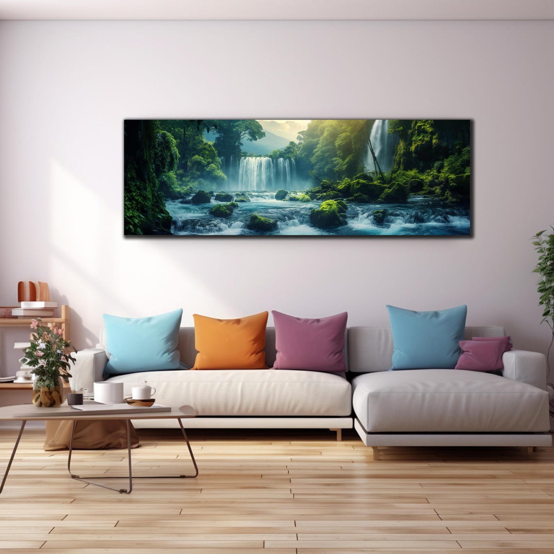 Jungle Waterfall Mossy Rocks Misty Stream Lush Forest Panoramic Poster - Image 4