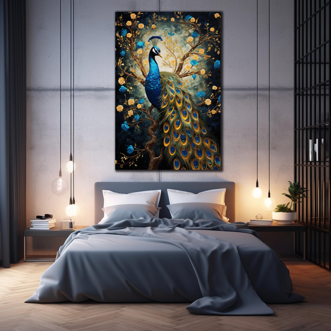 Blue Peacock Golden Feathers Blossoms Dark Painting Animal Wall Print - Image 3