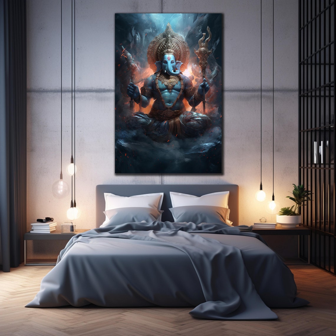 Lord Ganesha Warrior Blue Trident Cosmic Fire Storm Art Wall Poster - Image 2