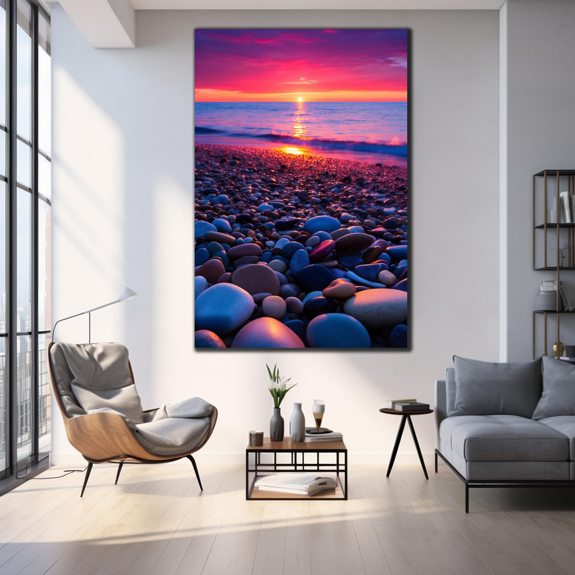 Pink Purple Pebble Beach Sunset Ocean Horizon Stones Travel Poster - Image 4