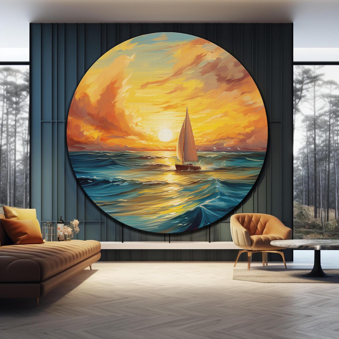 Sailboat Sunset Golden Sky Blue Ocean Waves Round Glass Wall Art - Image 4