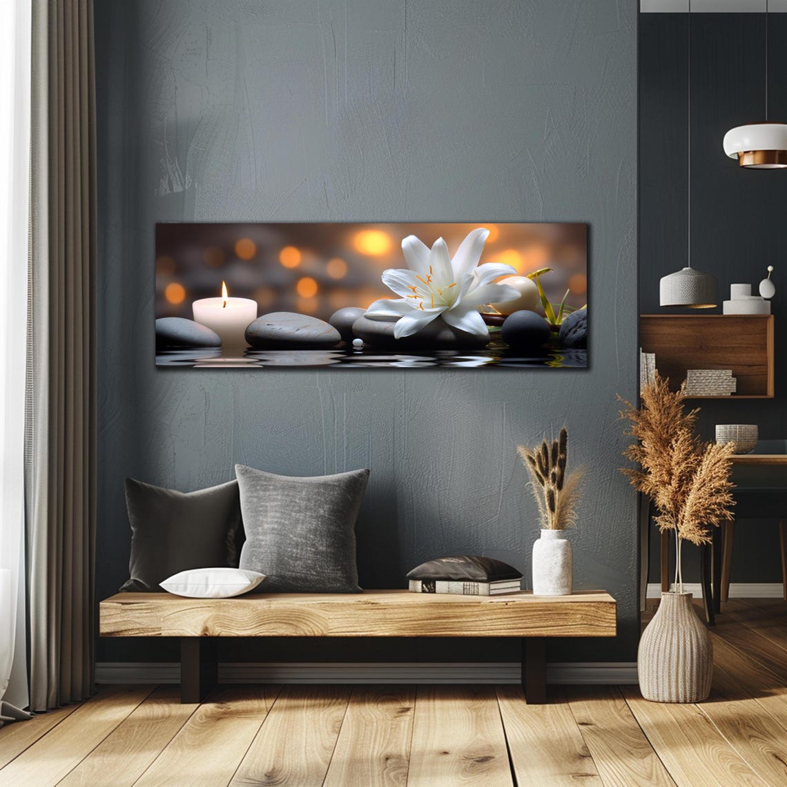 White Lily Candle Zen Stones Calm Water Panoramic Glass Wall Art - Image 2
