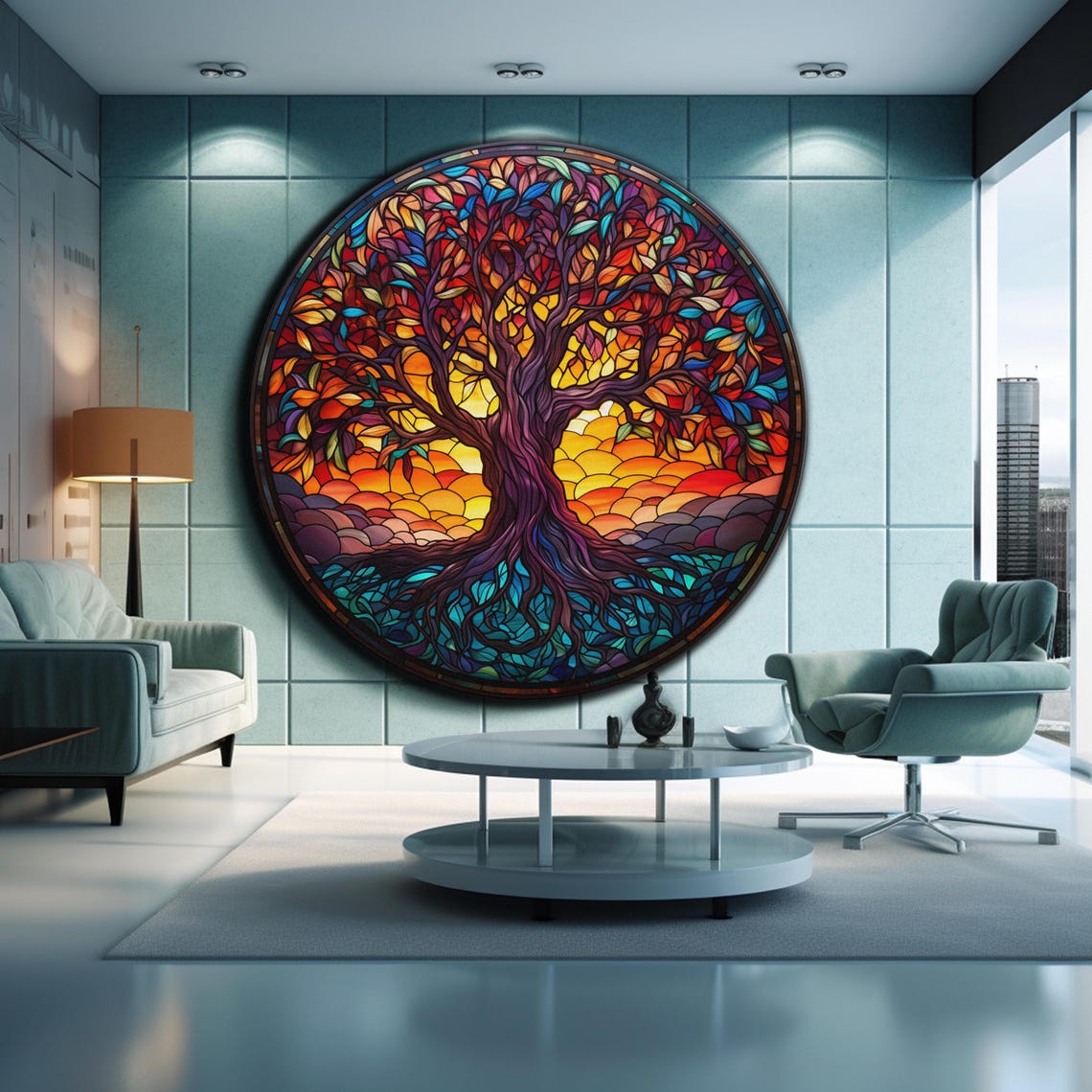 Tree of Life Round Stained Glass Sunset Roots Nature Wall Art Poster - Image 2