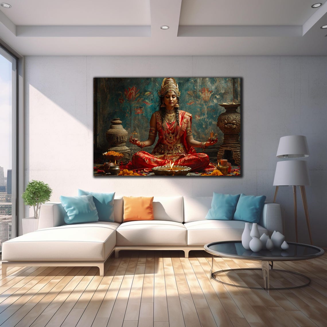 Lakshmi Hindu Goddess Meditating in Red Sari Gold Jewelry Poster - Image 4