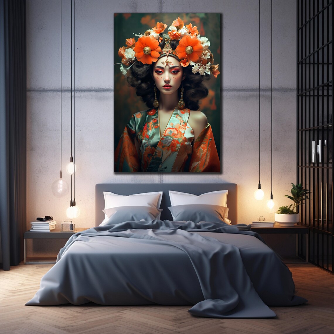 Orange Blossom Geisha Portrait Kimono Warm Floral Art Wall Poster - Image 2