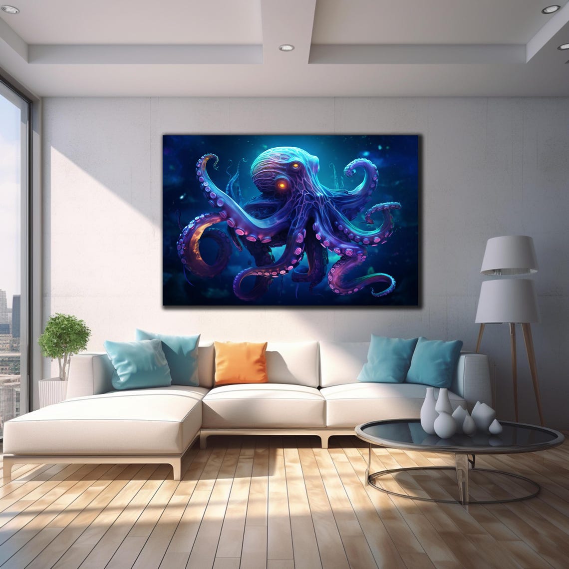 Glowing Purple Octopus Underwater Blue Neon Tentacles Sea Poster - Image 4