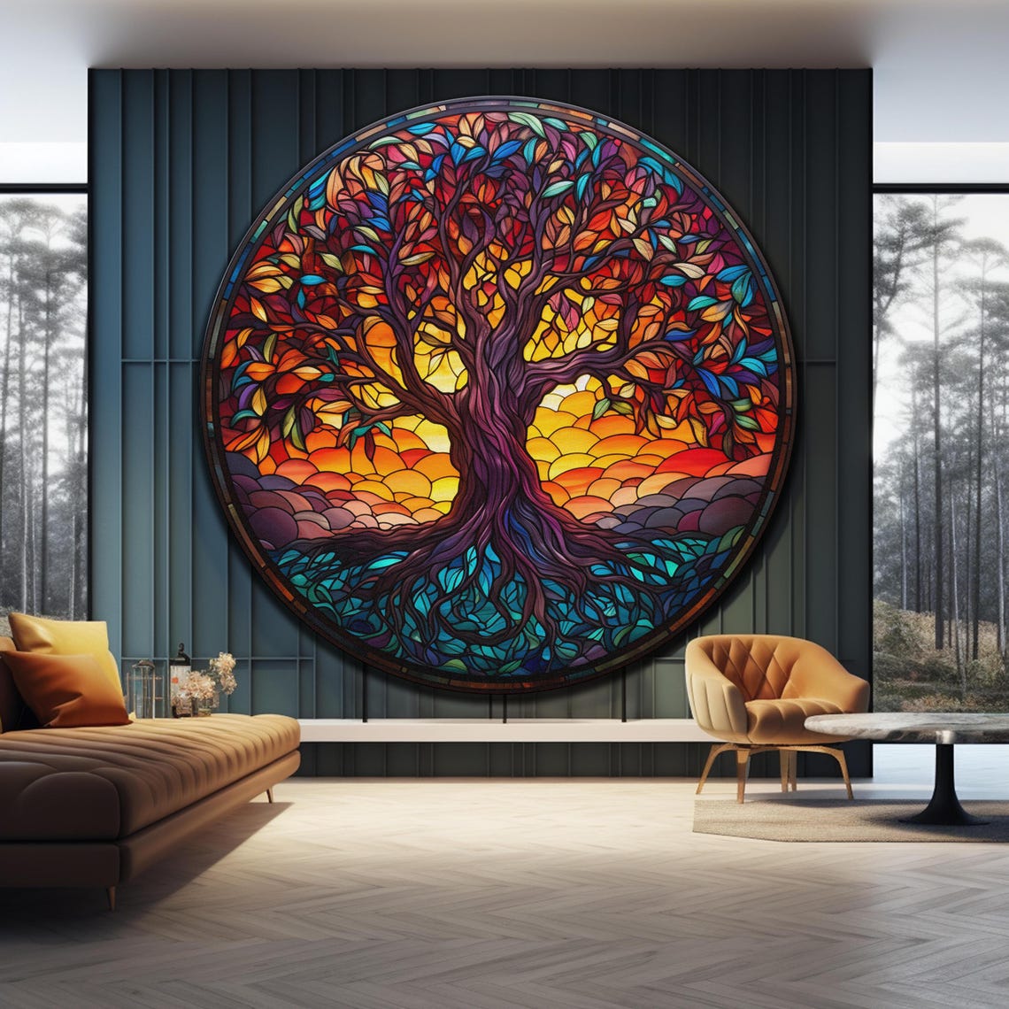 Tree of Life Round Stained Glass Golden Sunset Teal Wall Art Poster - Image 3
