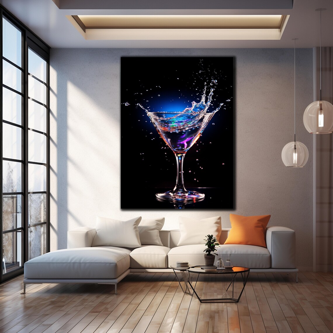 Blue Martini Splash Glass Wall Art Black Background Iridescent Cocktail Bar Print - Image 4