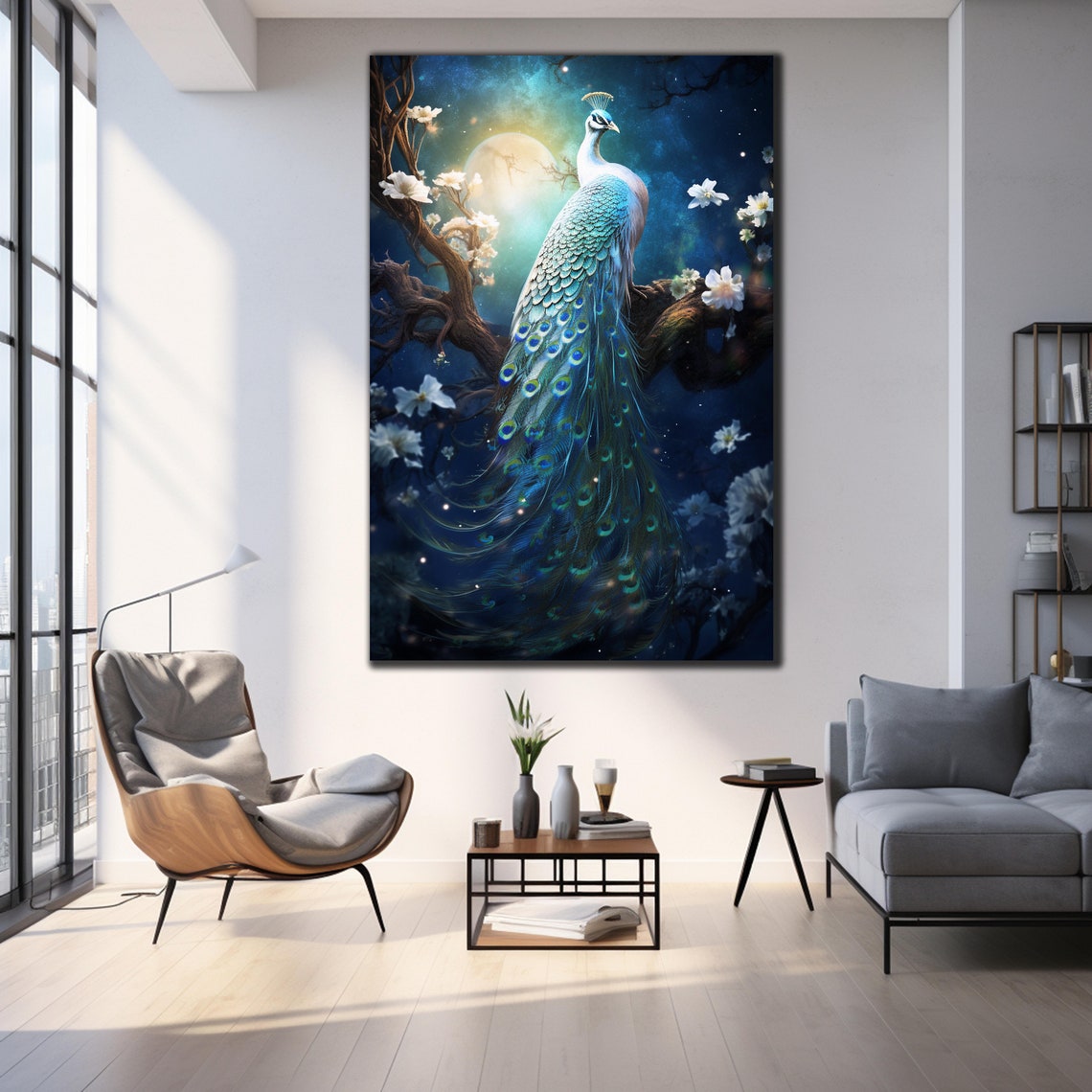 White Peacock Moonlight Night Blossom Tree Elegant Animal Wall Poster - Image 3