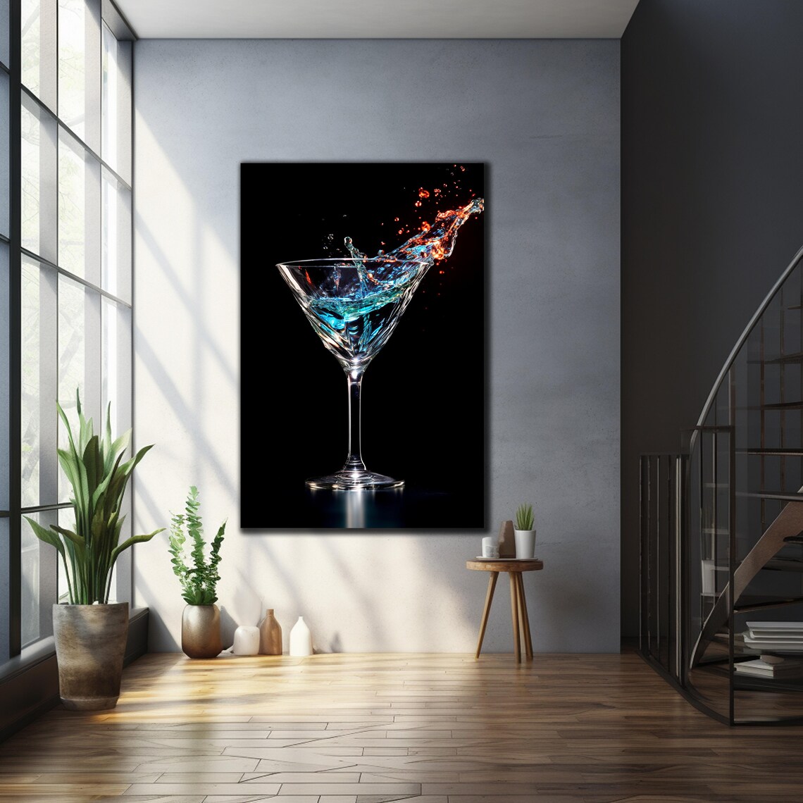 Martini Glass Splash Cocktail Art Blue Orange Liquid Black Background Bar Print - Image 2