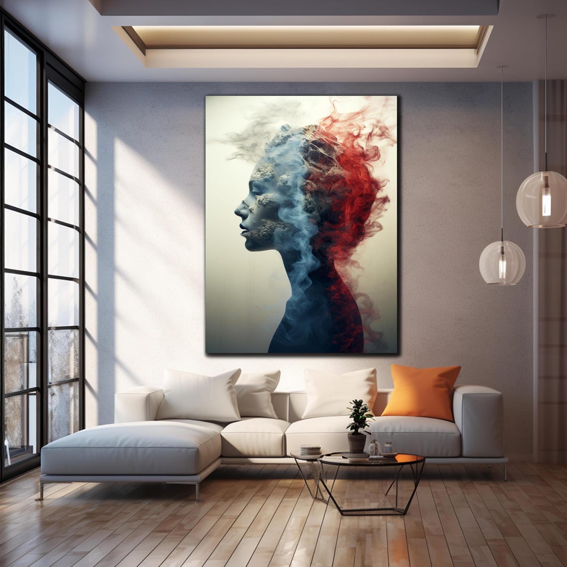 Abstract Woman Profile Dissolving Blue Red Smoke Surreal Wall Art - Image 4