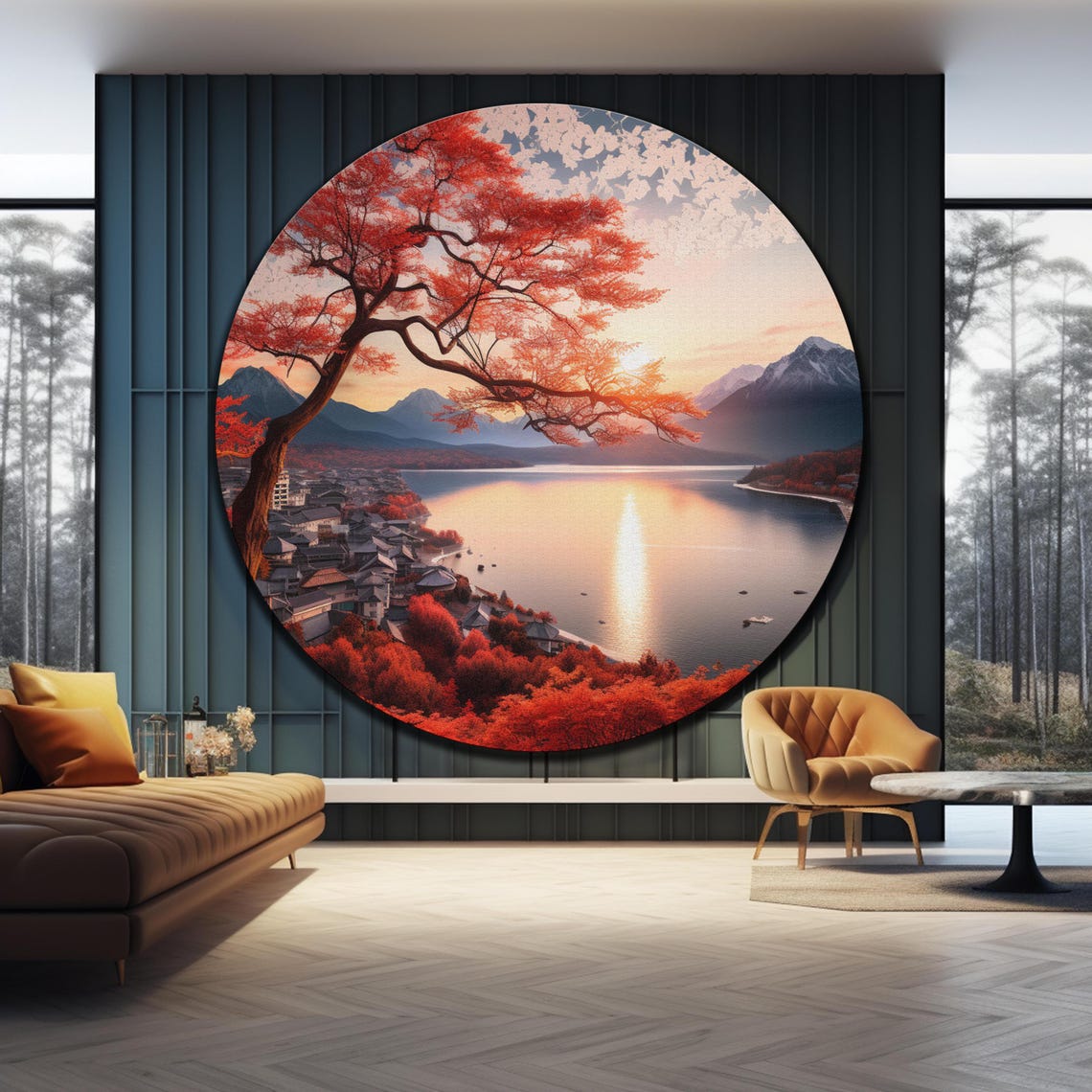 Mount Fuji Autumn Sunset Red Maple Lake Village Glass Round Wall Art - Image 4