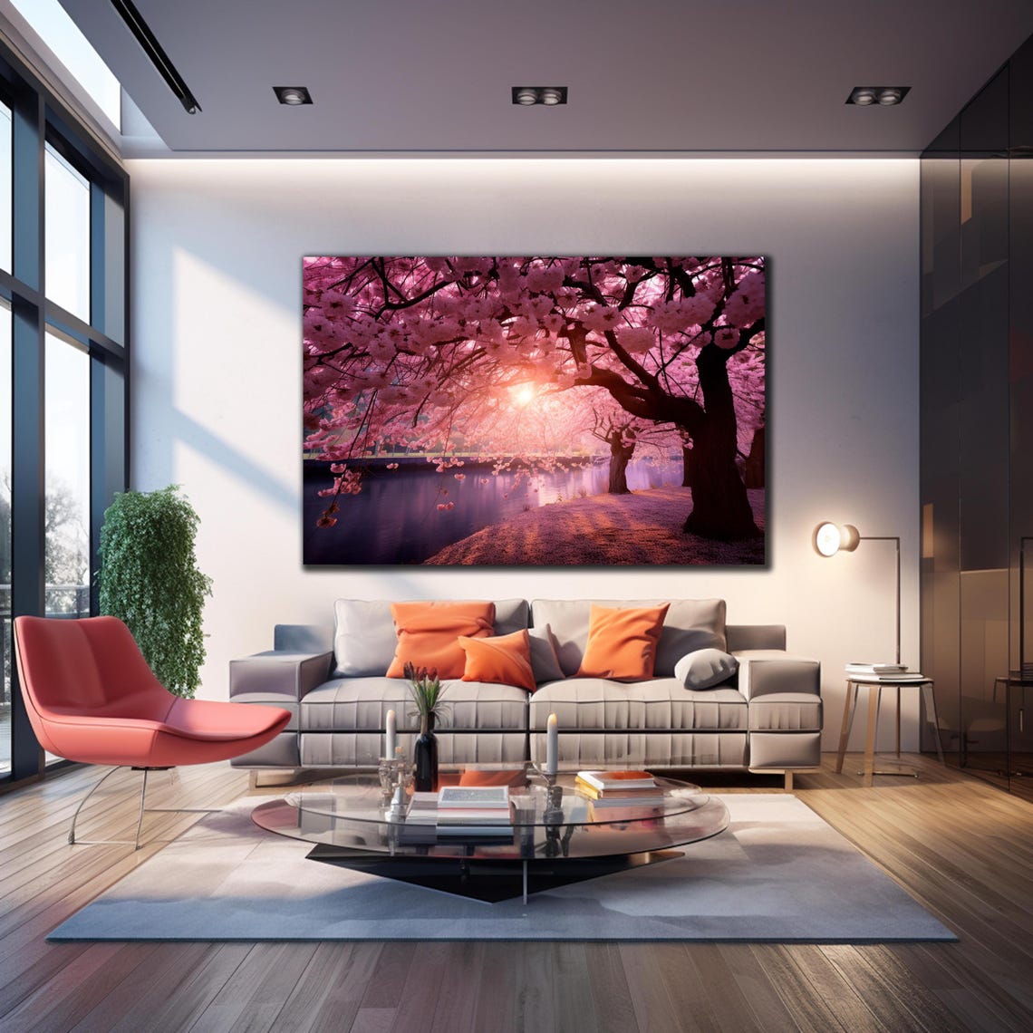 Cherry Blossom River Sunset Pink Petals Dreamy Landscape Wall Poster - Image 4