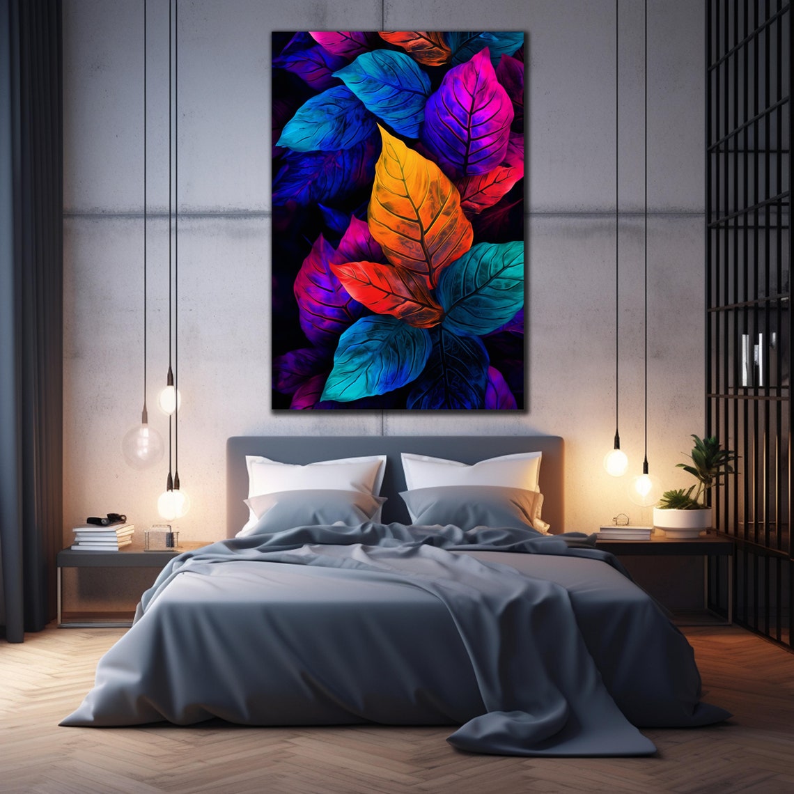 Vibrant Neon Stained Glass Leaves Colorful Botanical Art Glass Poster - Image 2