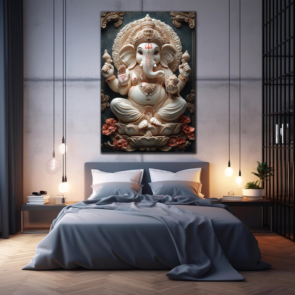 White Ganesha Statue Lotus Red Accents Hindu Blessing Wall Art Poster - Image 2