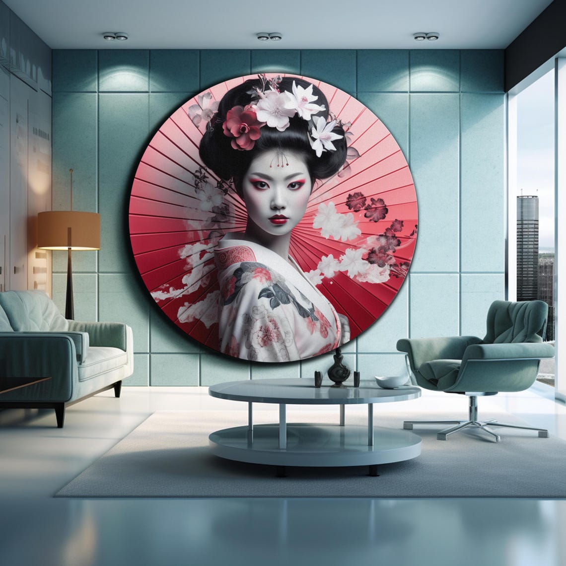 Geisha Portrait Round Red Fan Cherry Blossom Kimono Wall Art Poster - Image 2