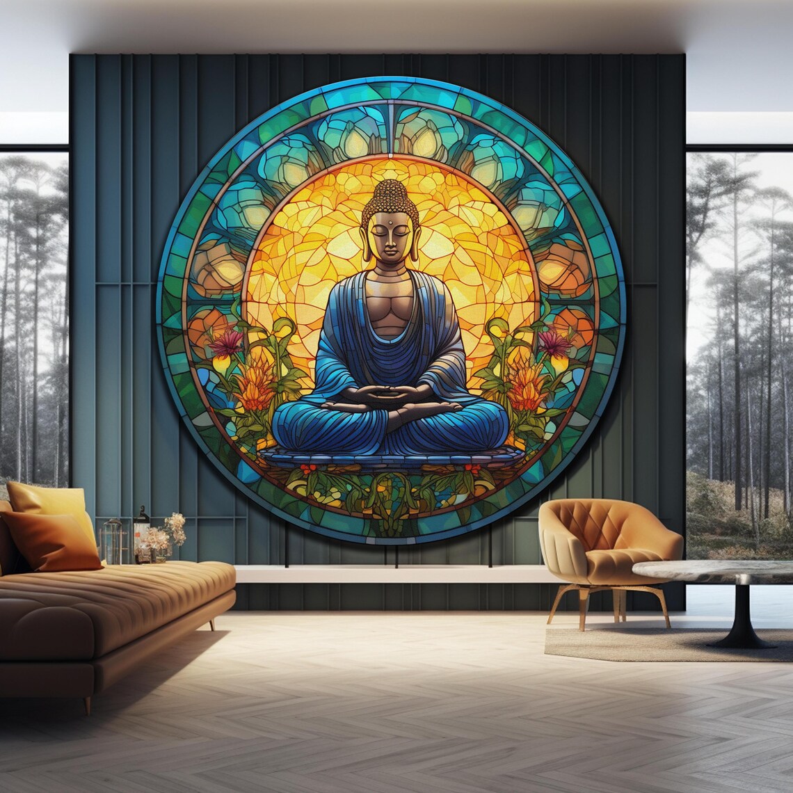 Buddha Blue Robe Stained Glass Golden Halo Lotus Flower Wall Art - Image 3