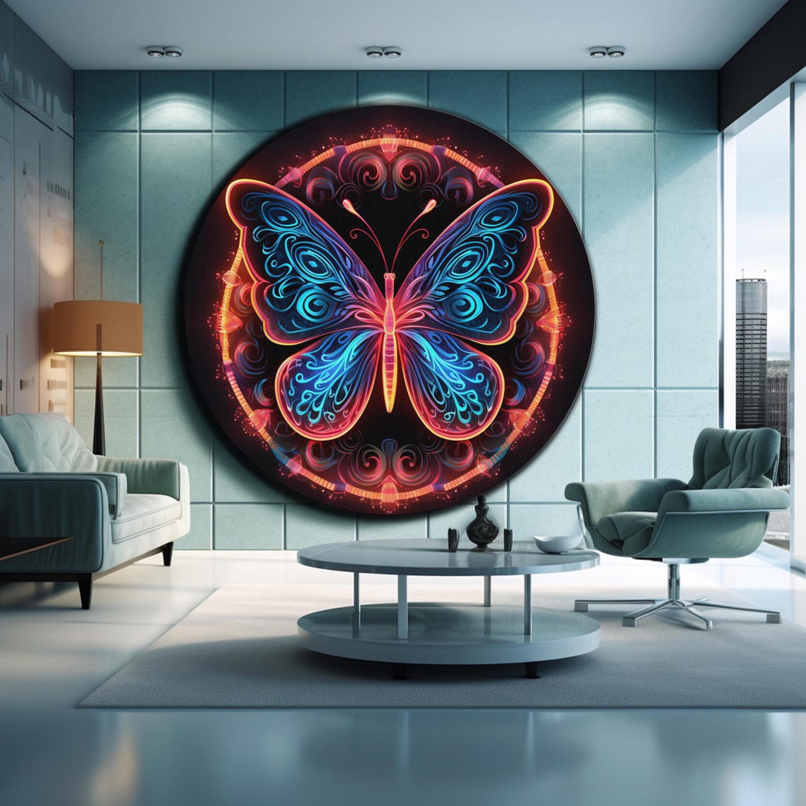 Neon Butterfly Round Glowing Blue Pink Wings Dark Wall Art Poster - Image 2