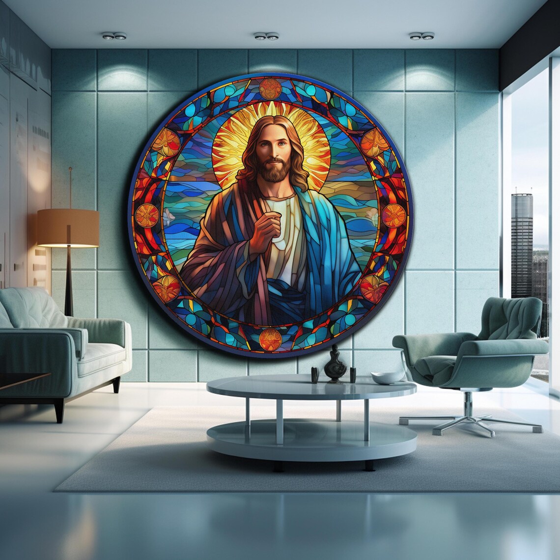 Jesus Christ Colorful Stained Glass Blue Robe Golden Halo Wall Art - Image 2
