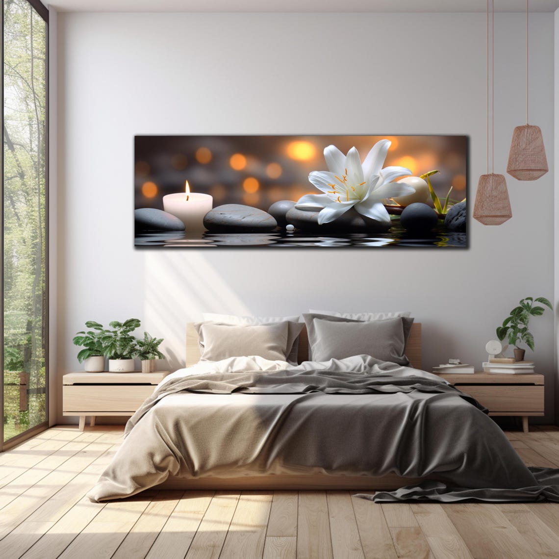 White Lily Candle Zen Stones Calm Water Panoramic Glass Wall Art - Image 3