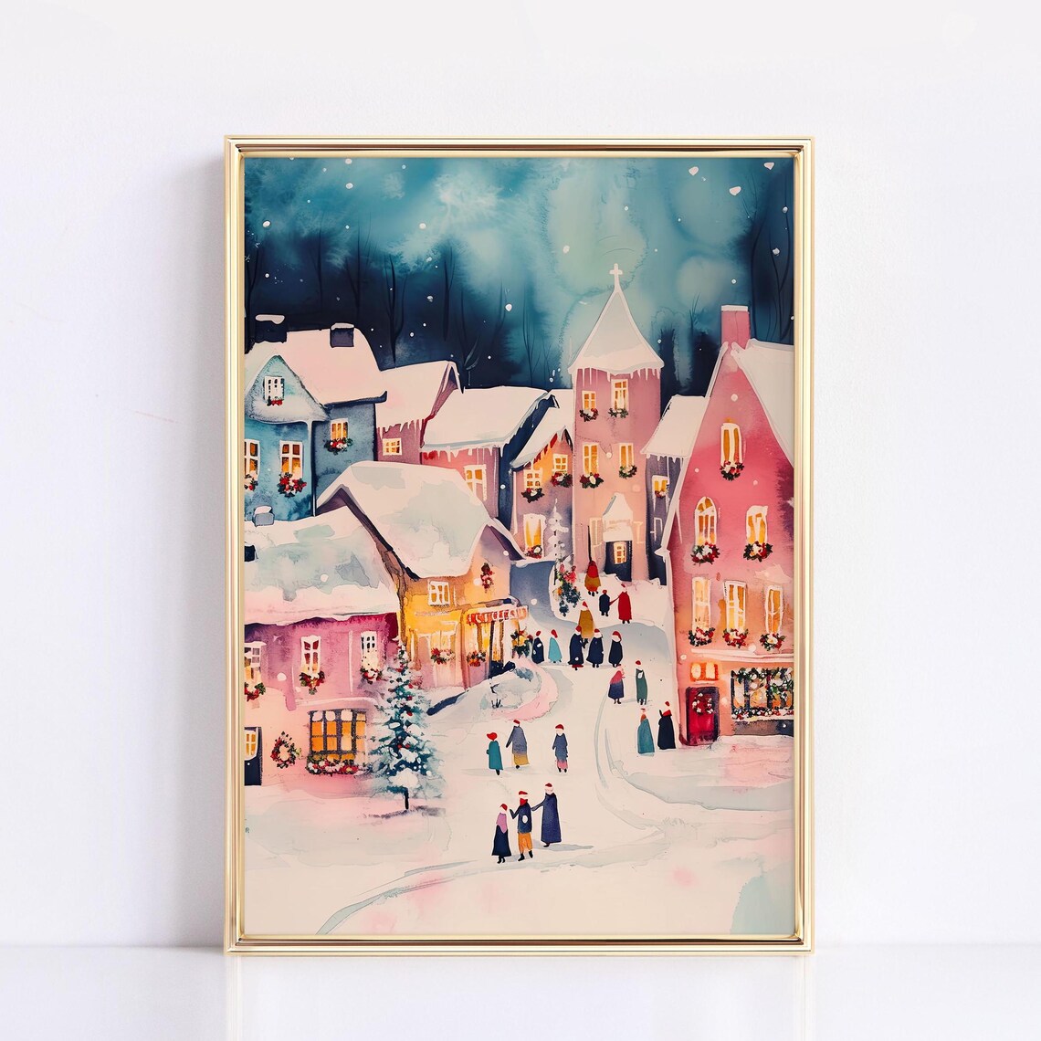 Christmas Village Watercolor Art Print, Pink Holiday