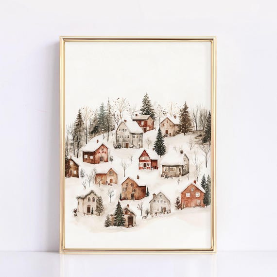 Christmas Winter Village Art Print, Rustic Scandinavian