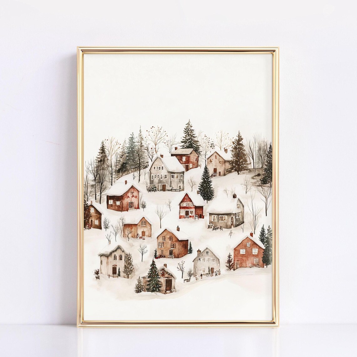 Christmas Winter Village Art Print, Rustic Scandinavian