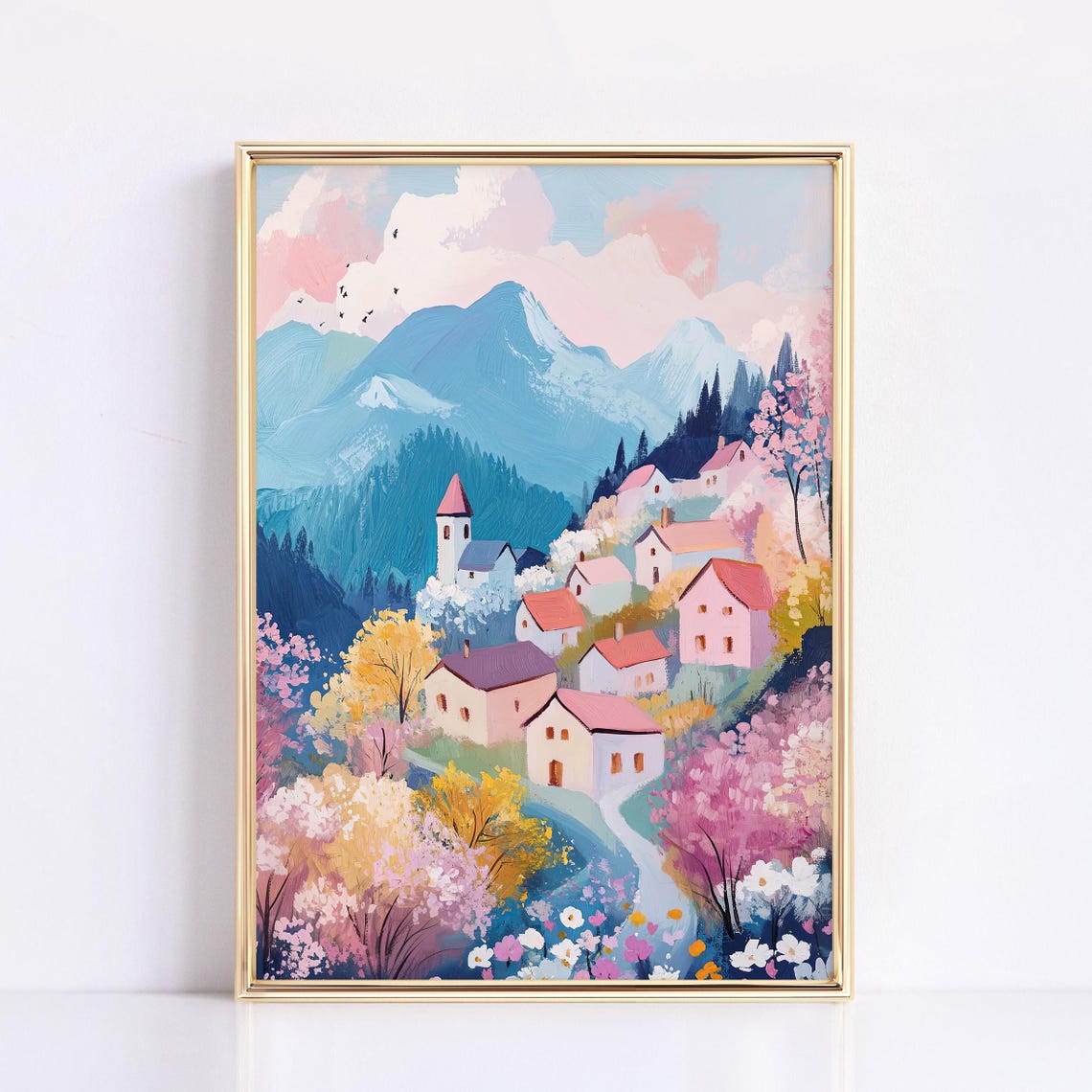 Pastel Alpine Village Blossom Trees Spring Mountain Wall Art