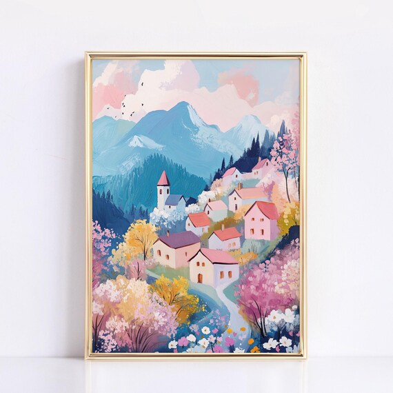 Pastel Alpine Village Blossom Trees Spring Mountain Wall Art