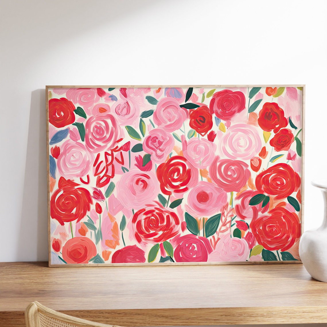 Pink Red Rose Garden Painterly Floral Pattern Romantic Art Wall Art