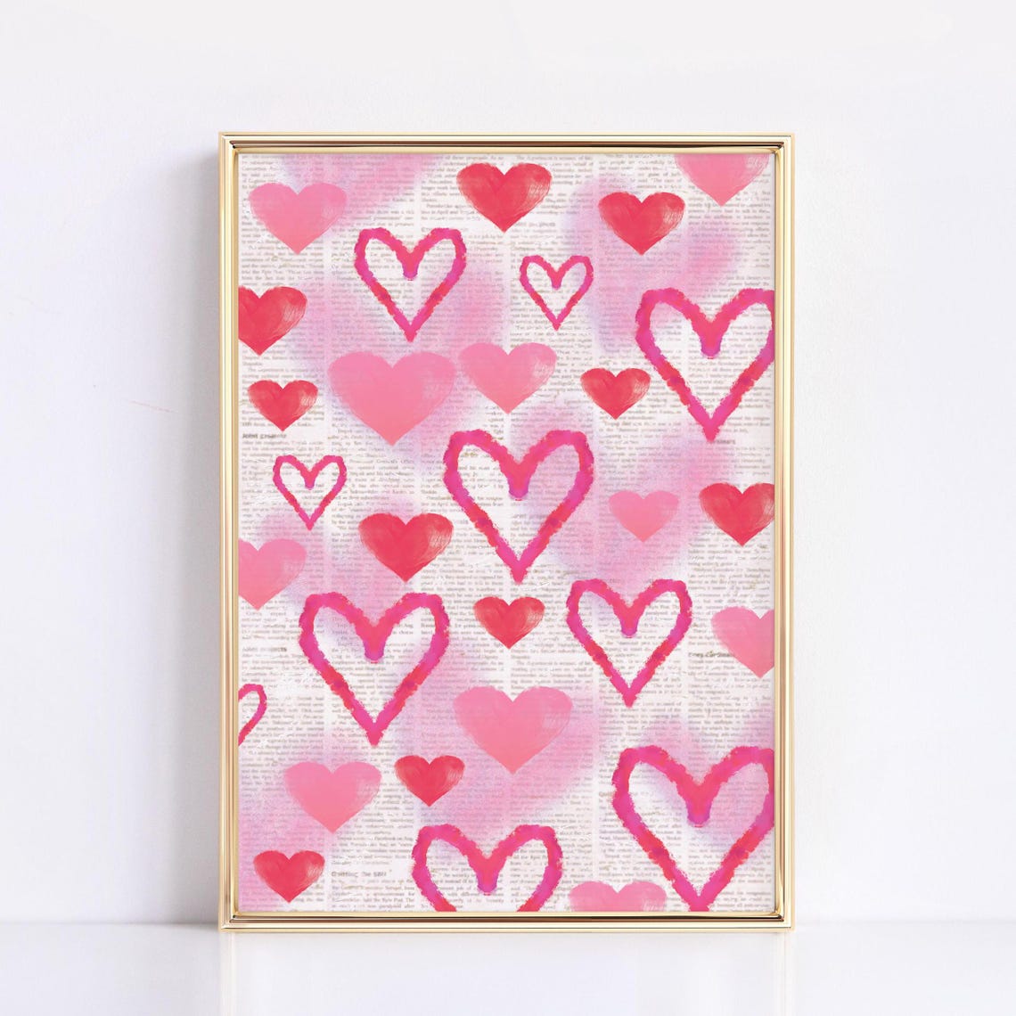 Pink Hearts Pattern Vintage Newspaper Background Romantic Art Poster