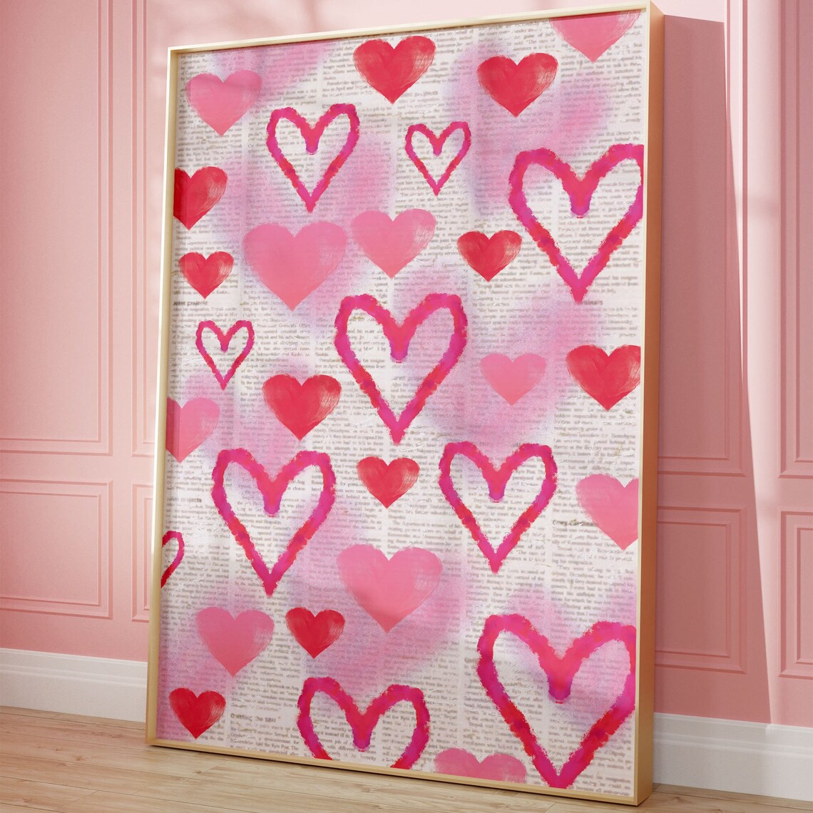 Pink Hearts Newspaper Collage Love Valentine Romantic Art Poster