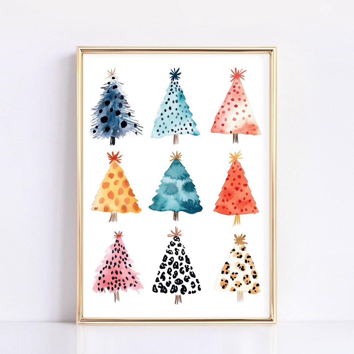 Nine Watercolor Christmas Trees Colorful Pattern Holiday Poster