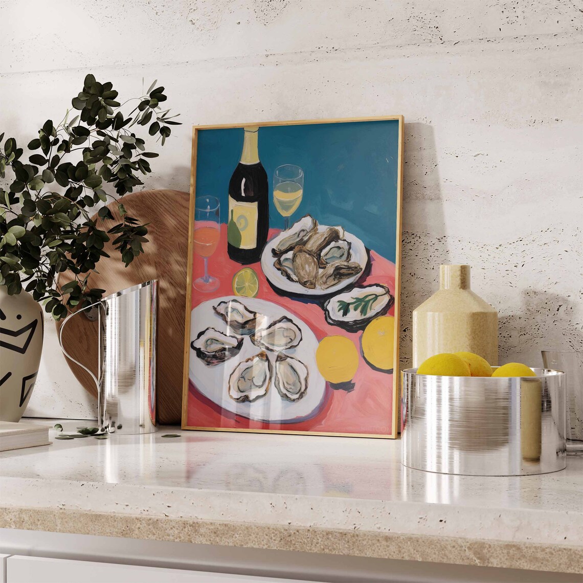 Oysters and Wine Still Life Coastal Seafood Painting Kitchen Poster - Image 2